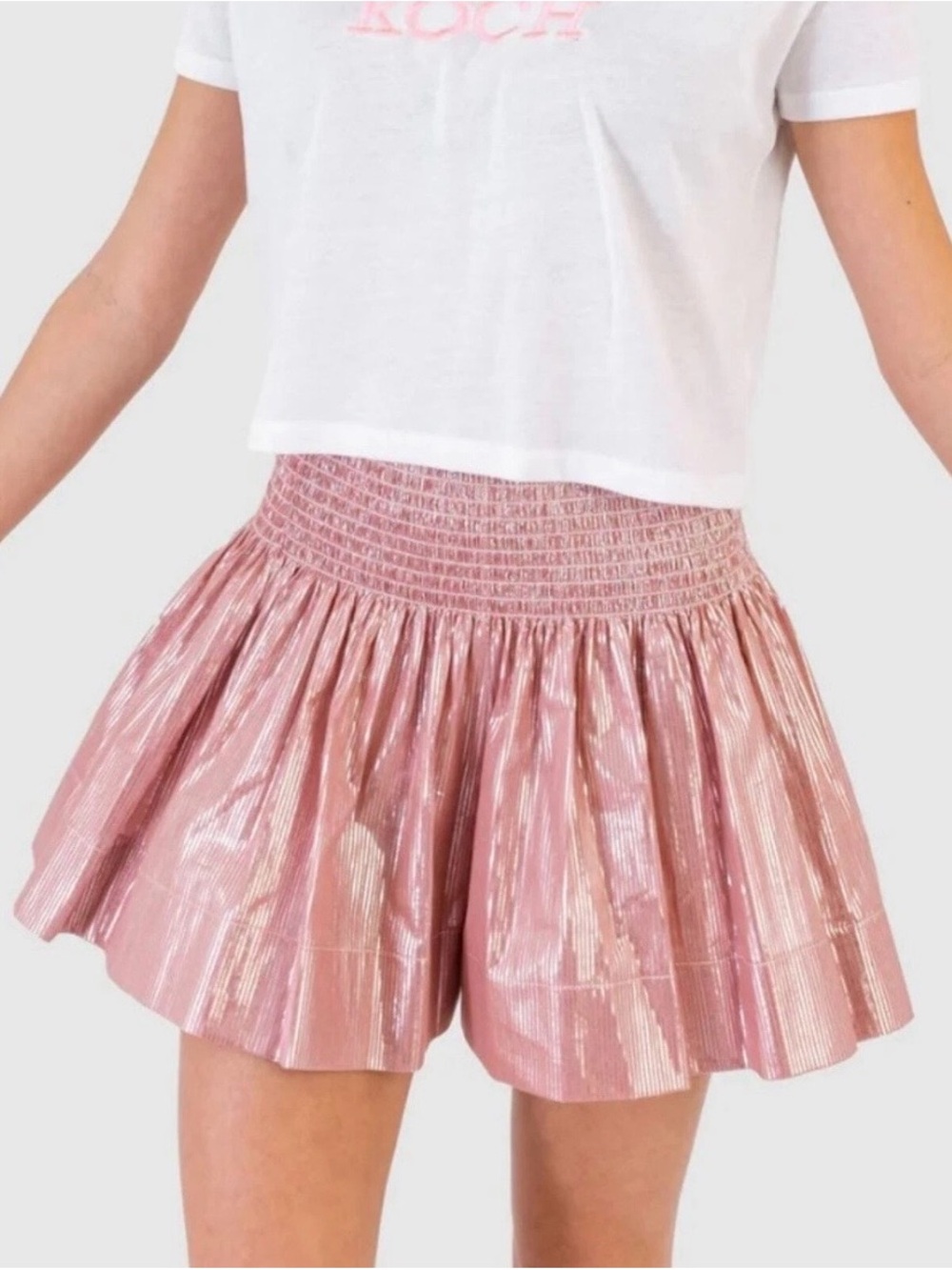 KOCH Womens Skort S Pink Gold Metallic Smocked Elastic Waist Pull On High Rise